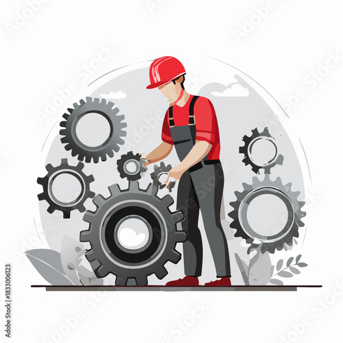 Engineer assembling complex gears in a factory, ensuring smooth operation and precise alignment, reflecting dedication and technical expertise in industry.