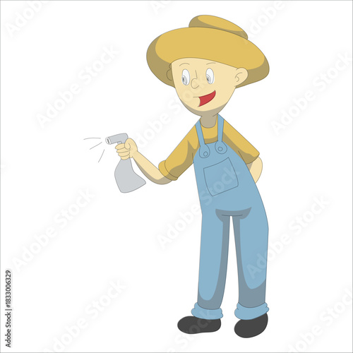 Farmer in overalls holding a spray bottle for gardening or pest control