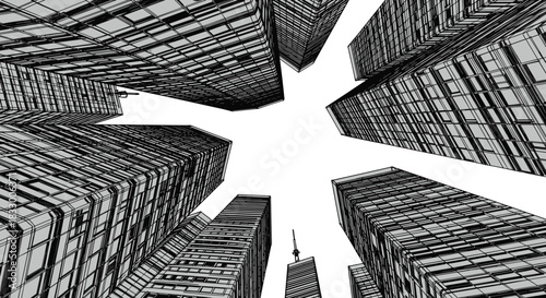 Skyscraper, perspective, illustration, set, with, upward, view, building, line, art, urban, architecture, vector, content, dramatic, city, silhouette, structural, design, black, white, depth