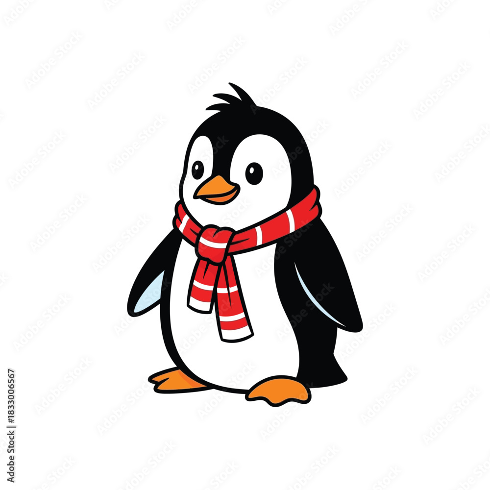 Obraz premium Adorable Cartoon Penguin with Red Scarf on White Background.