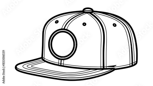 Monochrome vector illustration of a classic snapback cap, bold contour lines, isolated fashion accessory icon