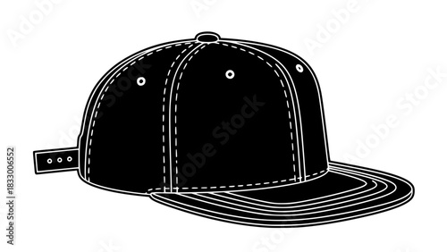 Monochrome vector illustration of a classic snapback cap, bold contour lines, isolated fashion accessory icon