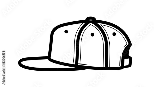 Monochrome vector illustration of a classic snapback cap, bold contour lines, isolated fashion accessory icon