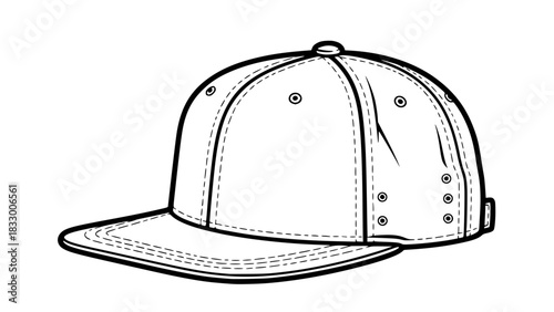 Monochrome vector illustration of a classic snapback cap, bold contour lines, isolated fashion accessory icon
