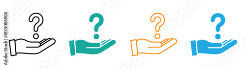 Help Hand Multiple Style Icon Sheet Design Vector - Open hand holding a question mark, symbolizing offering help, guidance, or support. Find answers now, help is at hand with simple question icon.