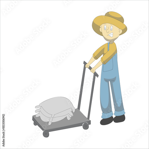 Farmer pushing a hand trolley cart loaded with heavy sacks of harvest