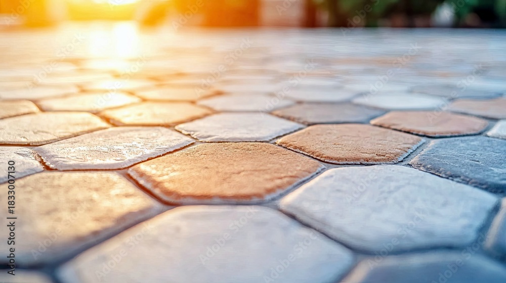 Naklejka premium Close-up view of a hexagon-shaped pavement with a warm sunlight creating a gradient effect.