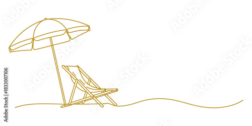 Beach chair and umbrella vector artwork with elegant golden line, suitable for summer vacation, beach resort