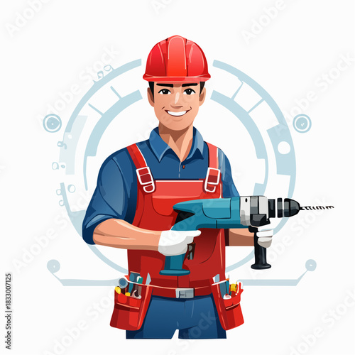 Smiling construction worker holding power drill on job site, ready to work with safety helmet and tool belt, showcasing skilled labor and positive attitude.