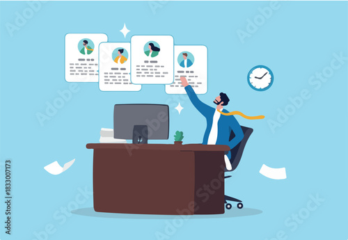 Employee management system, attendance or candidate analysis, customer management system, CRM or recruitment applicant system concept, businessman manage people with employee online application