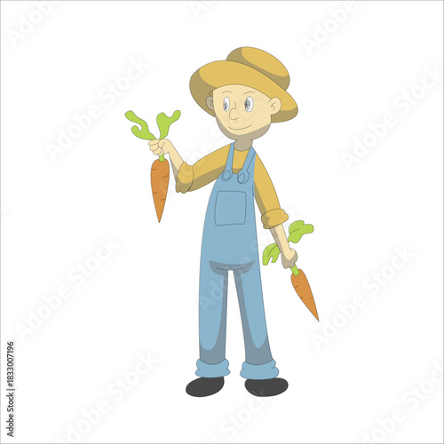 Happy farmer holding two freshly harvested orange carrots
