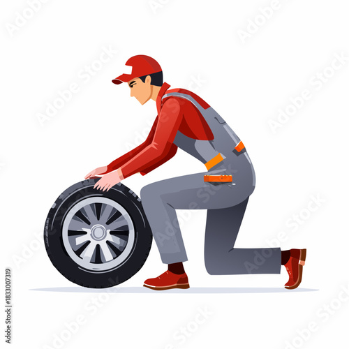 Mechanic changing a tire in a garage, wearing overalls and a cap, showcasing automotive repair with precision and expertise.