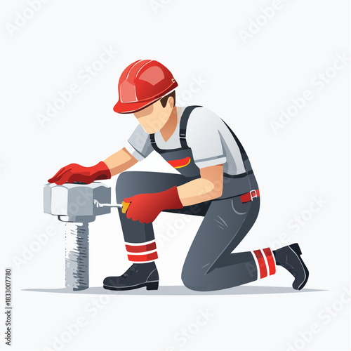 Construction worker tightening a large bolt with a wrench on a construction site, showcasing precision and skill in the industrial setting.