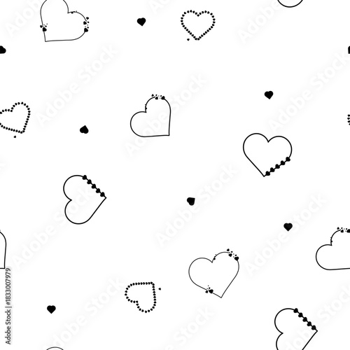 Hearts of different shapes, black and white sketch, simple drawing. vector illustration. Seamless pattern is isolated on a white background. Wedding theme, birthday, Valentine's Day, Fabric printing