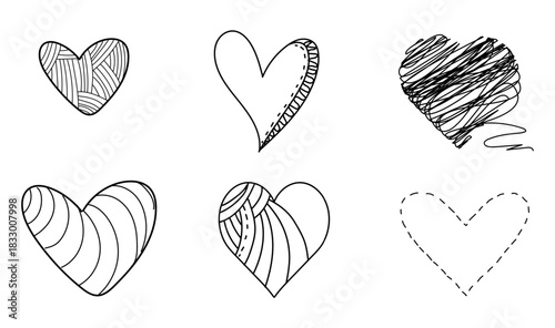Hearts of different shapes, black and white sketch, simple drawing. vector illustration. A set of hearts is isolated on a white background. Wedding theme, birthday, Valentine's day, fabric design