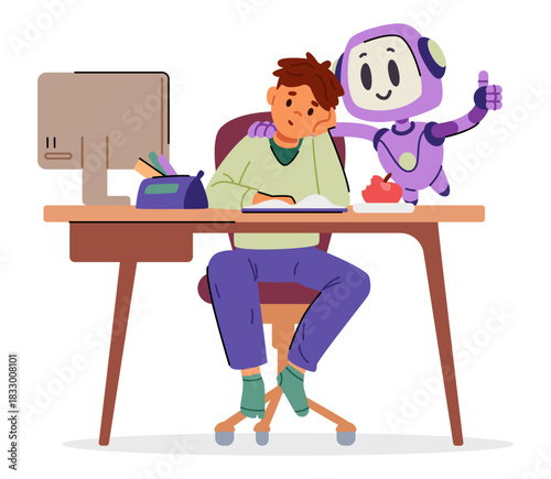 Artificial intelligence robot character helping boy with education showing thumbs up flat vector illustration isolated on white.