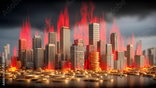A city skyline surrounded by rising flames of economic pressure symbolizing financial crisis and the broader concept of urban markets facing intense monetary instability.
