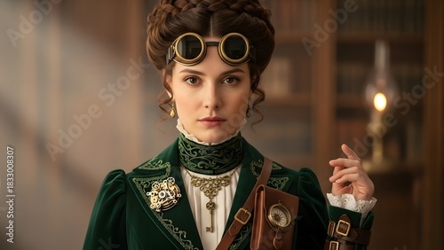 Elegant Victorian woman wearing brass goggles and mechanical accessories, portrait with soft warm tones.