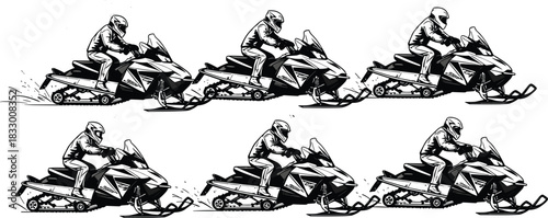 Snowmobile rider vector set, winter extreme sport illustration, man riding snow sled, black and white silhouette collection, isolated transportation design, recreation.