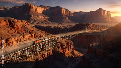Retro-futuristic train with steam engines and brass pipes speeding through a desert canyon.