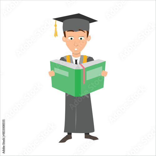 Graduate student standing and reading a large green open book carefully