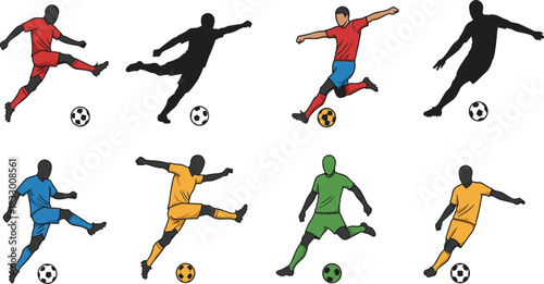 Soccer player icon set, dynamic kicking poses in colorful and silhouette styles, football action illustration, sport, motion, team, vector grid