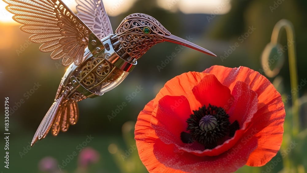 Fototapeta premium Mechanical hummingbird with copper feathers hovering over a flower.