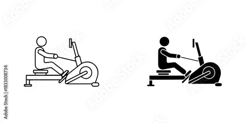 Person using a rowing machine icon set, outline and solid black silhouette, isolated on