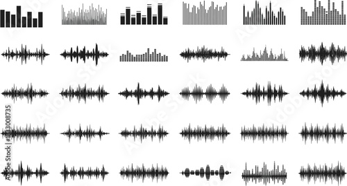 Sound waveform and audio bar graph icon set, signal visualization, audio engineering concept, frequency pattern, vector design, grid layout, sound data