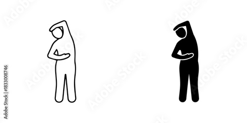 Stick figure demonstrating a side bend stretch, presented as both an outline and a solid silhouette, isolated on