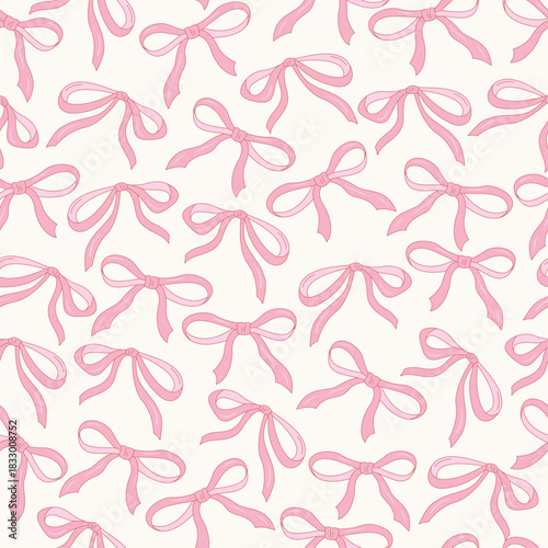 Pink bow pattern in a soft pastel style. Cute repeat print for kids, decor, gifts, cards, fabric, and wrapping. Simple hand-drawn design with light girly look.