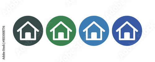 A row of four circular icons featuring a white house silhouette against dark green and blue backgrounds, representing different home options.