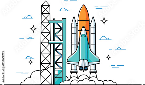 Space shuttle launch illustration with rocket boosters, smoke, and launch pad, stylized aerospace vector design, technology and exploration concept