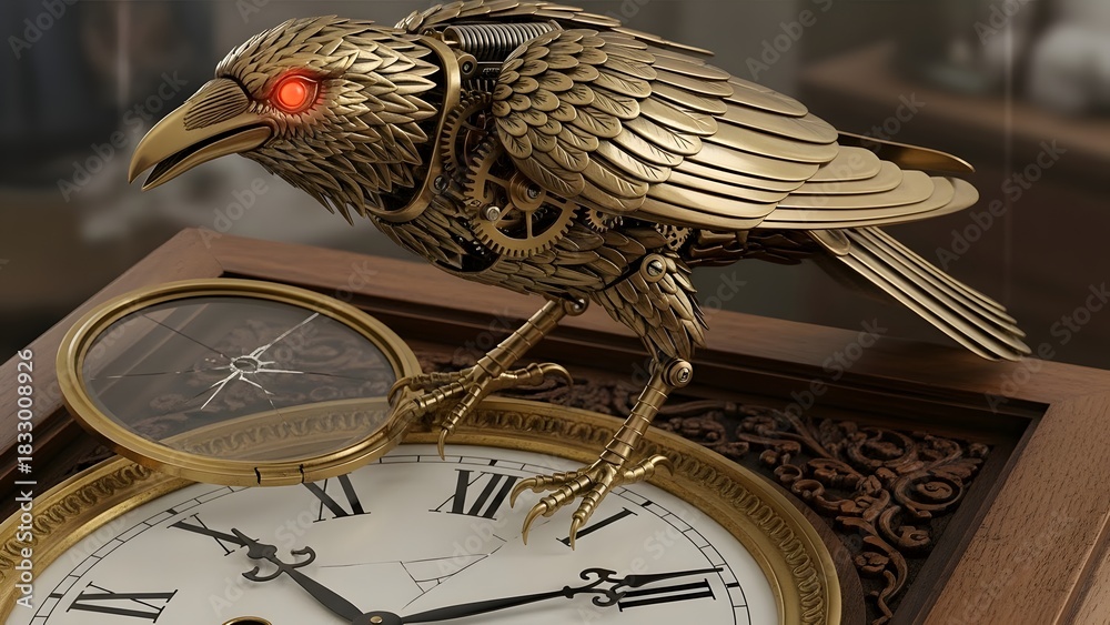 Naklejka premium Mechanical raven with polished brass feathers perched on a clock.