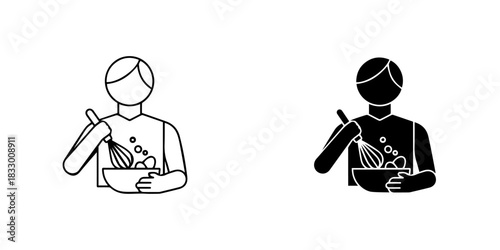 Person whisking ingredients in a bowl, presented as outline and solid icons, isolated on