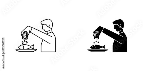 Person seasoning fish on a plate with salt or spices, line art and solid icon, isolated on