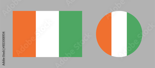 Flag of Republic of Ivory Coast. Simple circle, rectangle button, badge, icon flag. Set of Ivory Coast national flat round, rectangular flag backgrounds.