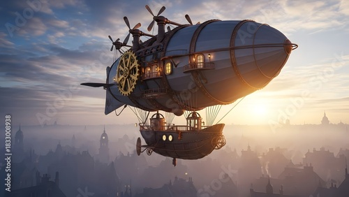 Steampunk airship sailing above a foggy Victorian cityscape, golden gears and copper details, dramatic sunrise lighting.