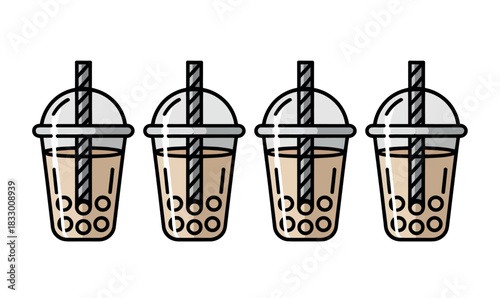 Four iced bubble tea drinks with tapioca pearls and straws are lined up against a white background.