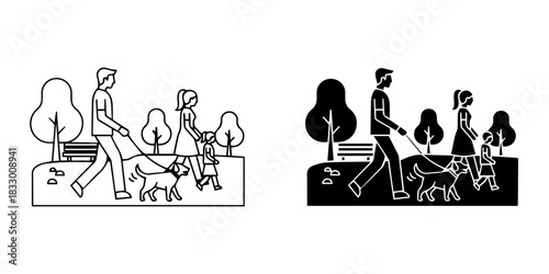 Family walking dog in park, outline and silhouette illustration, isolated on
