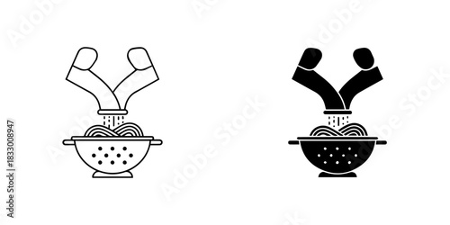 Pasta cooking icon set with hands draining spaghetti in a colander, outline and glyph styles