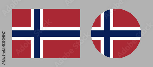 Norway round, rectangular flag. Flag of Norway button, badge set. National rectangle, circle flag Norway icons, templates.