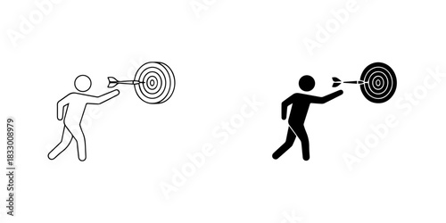 Stick figure icon throwing a dart at a target board, concept of goal setting and achievement, isolated on