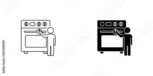 Person cleaning or operating a kitchen oven or stove, represented as a simple line and solid silhouette icon