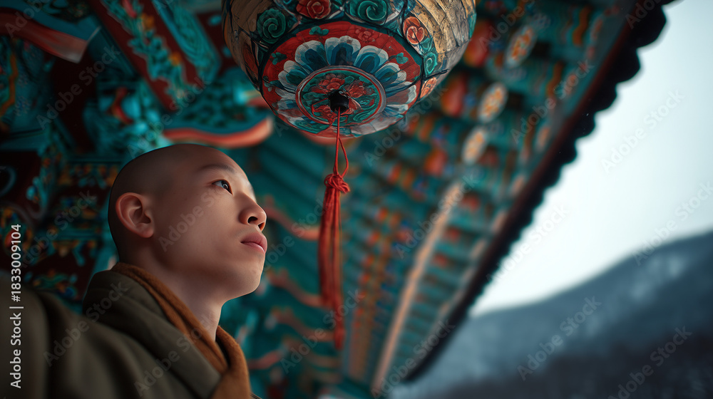 Obraz premium A contemplative Buddhist monk observes the vibrant details of a traditional Korean temple roof during Seollal Festival in South Korea, reflecting on the tranquil beauty