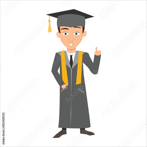 Smart graduate student pointing his finger up, having a brilliant idea or solution