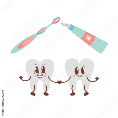 Cheerful Teeth Holding Hands with Toothbrush and Toothpaste

Description: Vector illustration of two smiling teeth characters holding hands, accompanied by a toothbrush and toothpaste above them. 