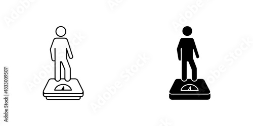 Person standing on a weighing scale icon set, depicting weight measurement and health, isolated on