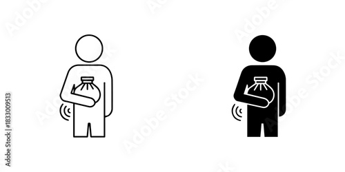 Outline and silhouette icons of a person concealing a bag or secret item, isolated on