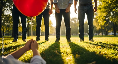 Fototapeta Naklejka Na Ścianę i Meble -  Friends holding a red balloon in a sunny park with long shadows.